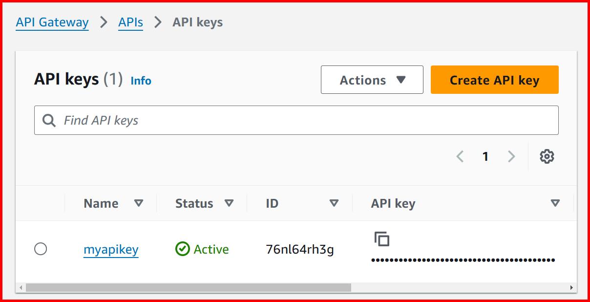 Picture showing the API key created in AWS console